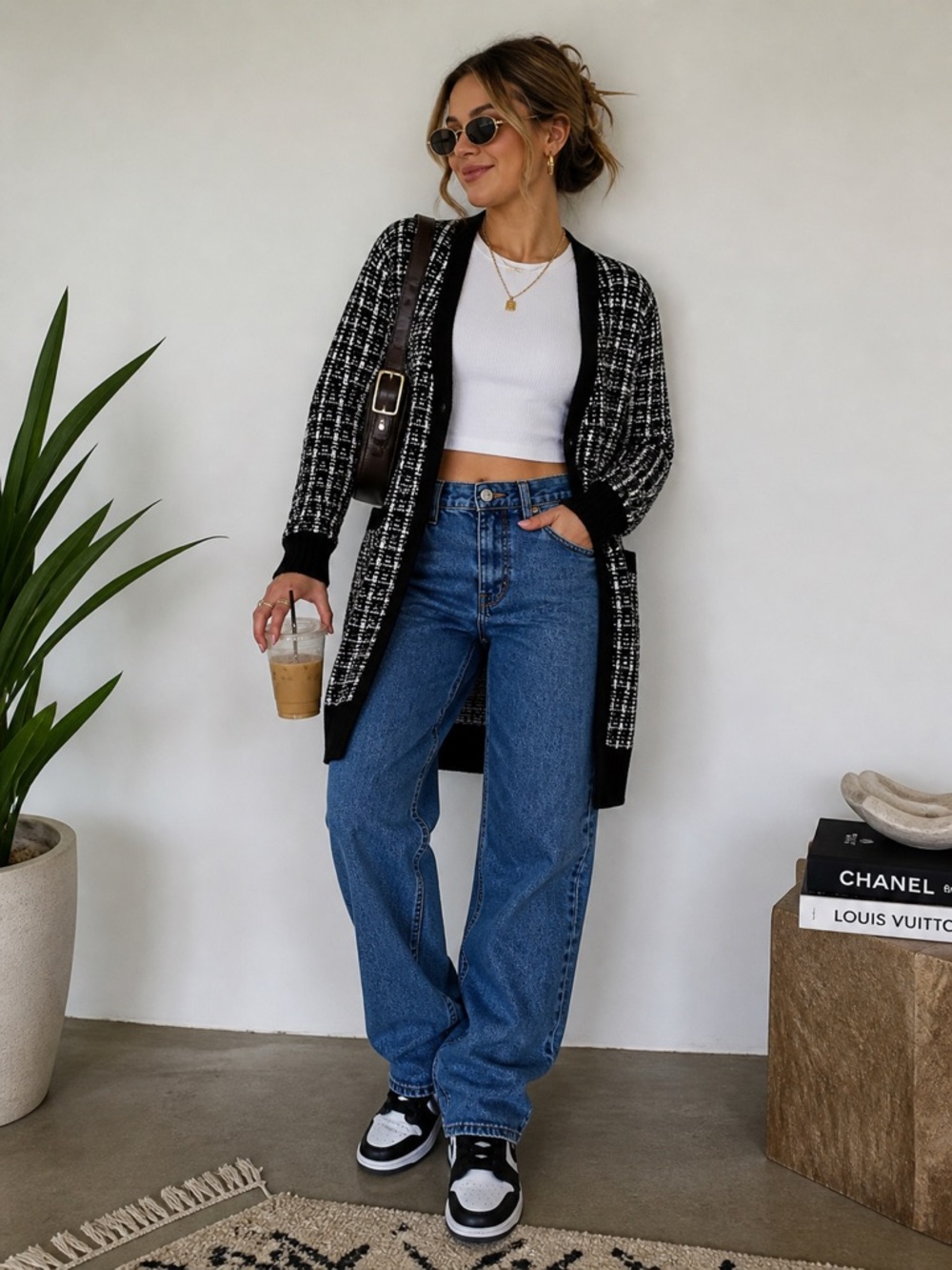 RW&CO. Black and White Tweed Open-Front Cardigan